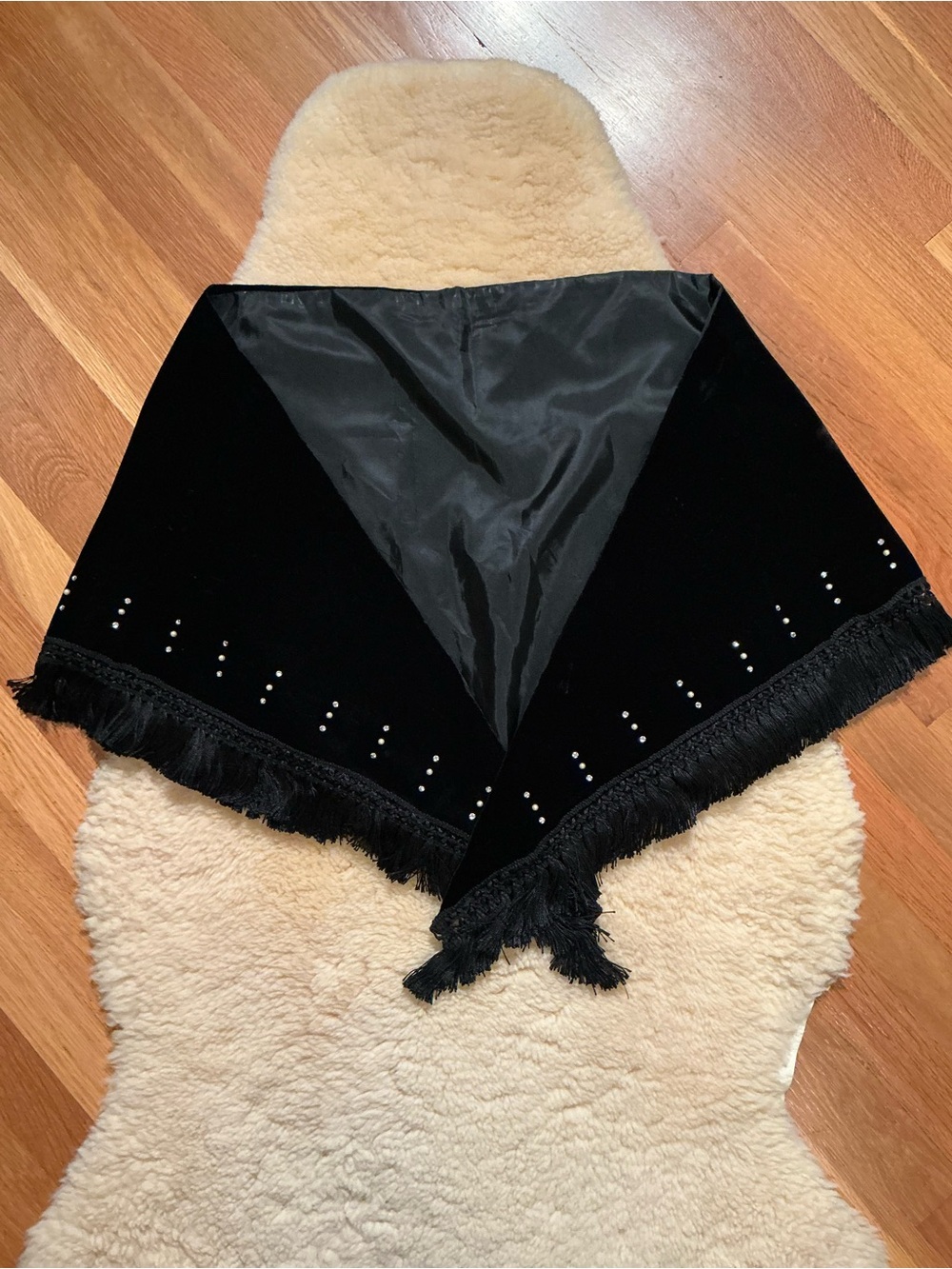 Vintage handmade black velvet short fringe wrap